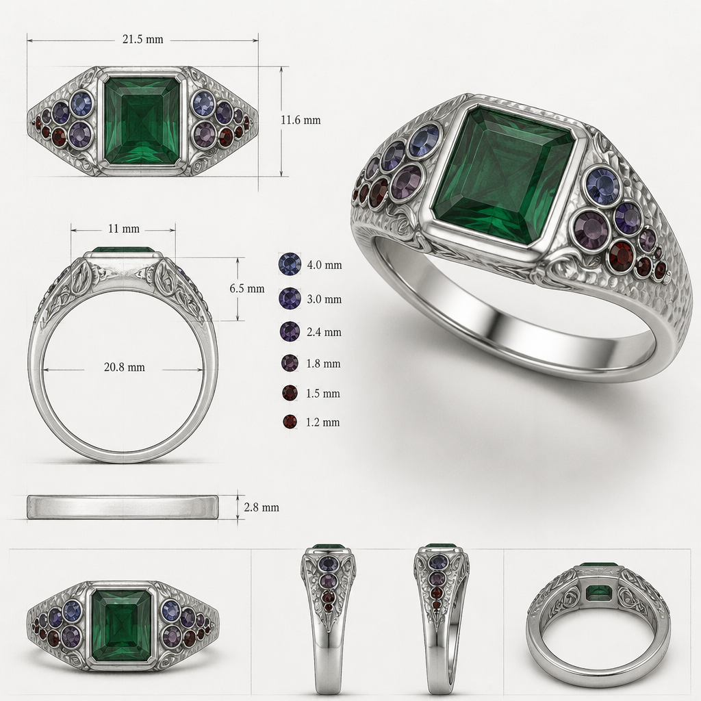 A art nouveau men's ring made of silver with emerald and garnet stones, minimalist, simple and delicate, clean lines. a square emerald cut 11mm by 11mm emerald in a signet ring with garnets on the side between 3 and 6 on each side that goes from really dark red almost black to purple and then blueish garnet at the top on the sides close to the emerald also making the blueish garnet 4mm and going a size smaller until the dark red at the bottom at 1.2mm
i would like a detailed sketch with mesures and also a photo realistique of the ring
id like some scandinavian ingraving
and a hammered texture on the top half that slowly transition to a polished finish on the bottom of the ring
photorealistic jewelry design, A art nouveau men's ring made of silver with emerald and garnet stones, minimalist, simple and delicate, clean lines. a square emerald cut 11mm by 11mm emerald in a signet ring with garnets on the side between 3 and 6 on each side that goes from really dark red almost black to purple and then blueish garnet at the top on the sides close to the emerald also making the blueish garnet 4mm and going a size smaller until the dark red at the bottom at 1.2mm
i would like a detailed sketch with mesures and also a photo realistique of the ring
id like some scandinavian ingraving
and a hammered texture on the top half that slowly transition to a polished finish on the bottom of the ring, art_nouveau style, just the design no text