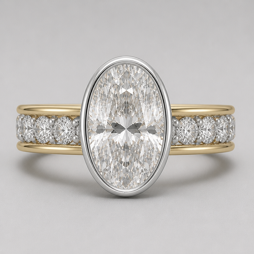 platinum closed button basket for the main stone
tension style band with 1.5mm 14k gold band on top and bottom of the 3mm round stones, this would make the band itself 6mm
edit the attached jewelry design with these instructions: platinum closed button basket for the main stone
tension style band with 1.5mm 14k gold band on top and bottom of the 3mm round stones, this would make the band itself 6mm. keep it photorealistic, just the design no text