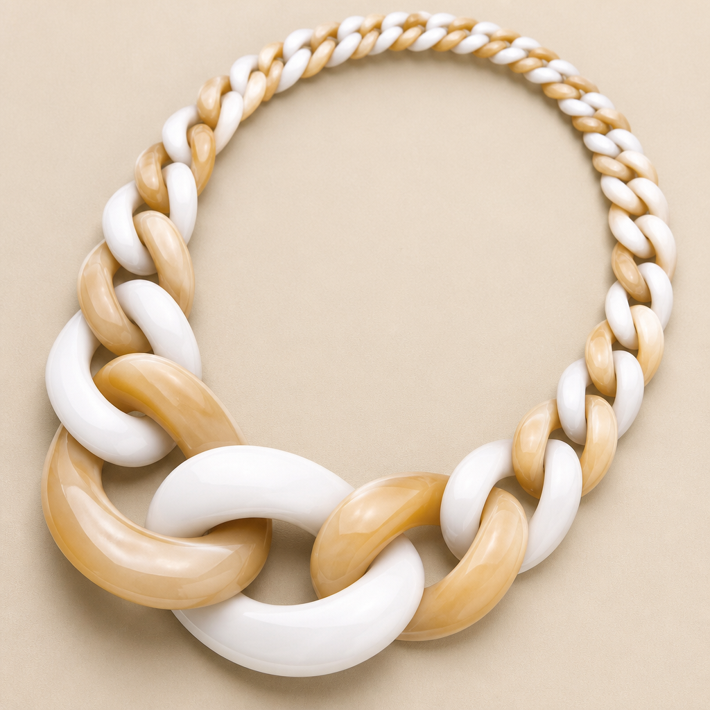 A women's necklace. create a chunky Cuban links style plastic necklace that is graduated and exaggerated in the first three links.colors: alternating boace and white
photorealistic jewelry design, A women's necklace. create a chunky Cuban links style plastic necklace that is graduated and exaggerated in the first three links.colors: alternating boace and white, modern style, just the design no text