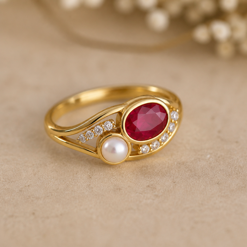 A luxury women's ring made of gold with ruby and pearl stones suitable for daily wear
photorealistic jewelry design, A luxury women's ring made of gold with ruby and pearl stones suitable for daily wear, luxury style, just the design no text