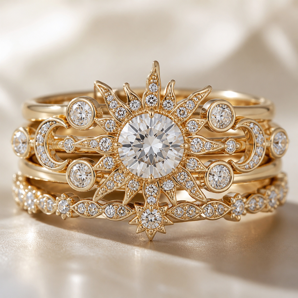 Design a very feminine diamond ring for a wedding ring and engagement multi stackable yellow, 14 carat gold that has
1 ct diamond
3 0.25 ct of diamonds
12 0.1 ct of diamonds
22 0.05 ct of diamonds
Center 1 ct diamond being the sun
3 0.25 ct being the moon
photorealistic jewelry design, Design a very feminine diamond ring for a wedding ring and engagement multi stackable yellow, 14 carat gold that has
1 ct diamond
3 0.25 ct of diamonds
12 0.1 ct of diamonds
22 0.05 ct of diamonds
Center 1 ct diamond being the sun
3 0.25 ct being the moon
, royal style, just the design no text