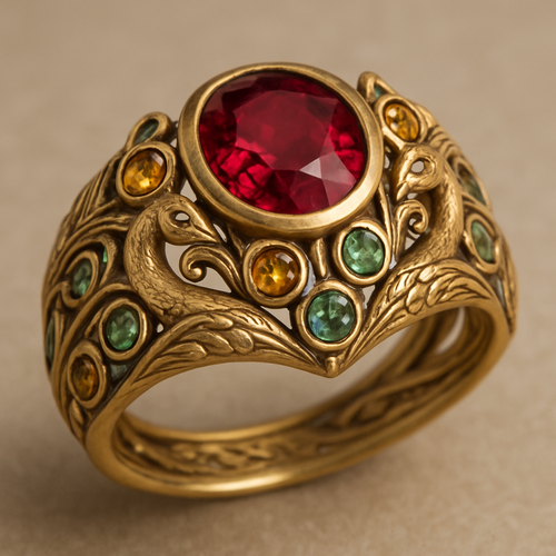 Ruby engagement ring with at least 10 citrine and green topaz inlays with peacock themes