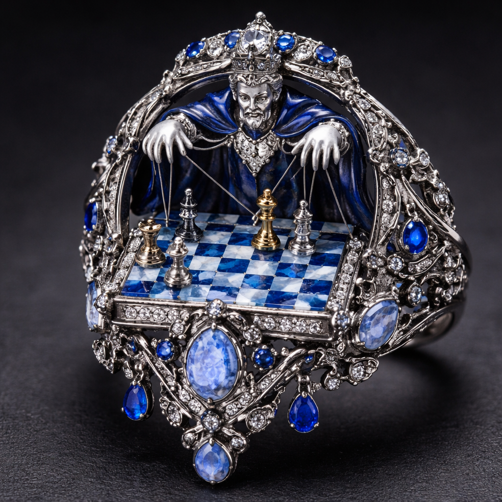 Make a blue lace agate chess board themed ring with a royal blue. Give it a chess master, genius, puppeteer look.