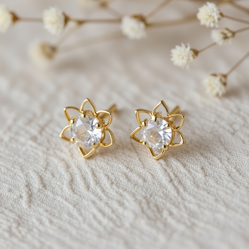 Серьги золото изящный маленький лотос с необработанным хрусталем в центре