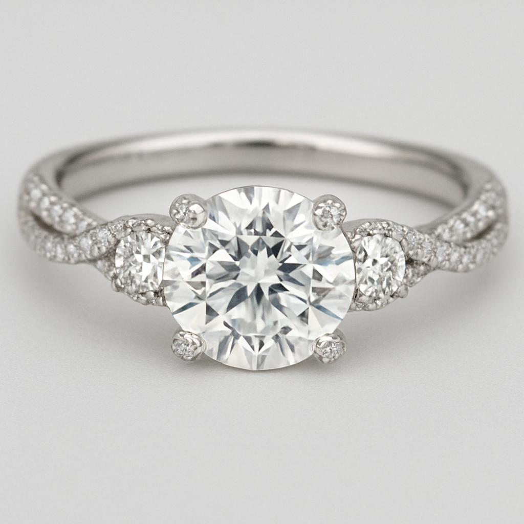 3 carat round diamond with .6 diamond on each side with pave prongs and twisted pave band 