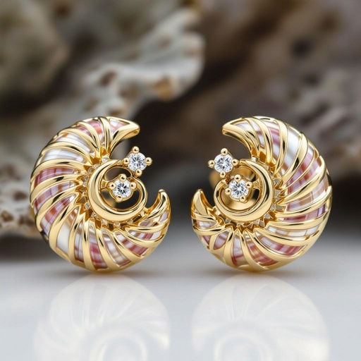 Золотые серьги в виде золотой спиральной ракушки украшенной тремя маленькими камнями 