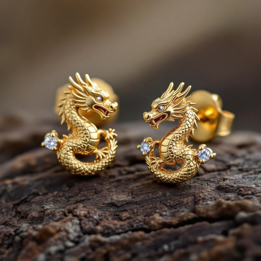 Золотые матовые серьги с изображением дракона узоры и камни мелкие раузтопаз