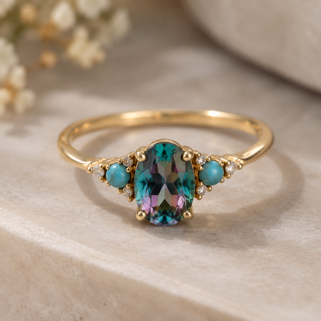 A minimalist women's ring made of gold with turquoise stones. Delicado anillo estilo bohemio de oro con piedra preciosa alejandrina llamativa con gemas secundarias
photorealistic jewelry design, A minimalist women's ring made of gold with turquoise stones. Delicado anillo estilo bohemio de oro con piedra preciosa alejandrina llamativa con gemas secundarias, minimalist style, just the design no text