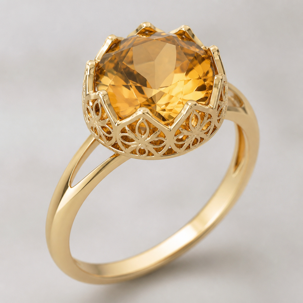 A women's ring. create a ring in 14k gold with citrine in the center mounted on a crown with a jaali bezel.
photorealistic jewelry design, A women's ring. create a ring in 14k gold with citrine in the center mounted on a crown with a jaali bezel., modern style, just the design no text