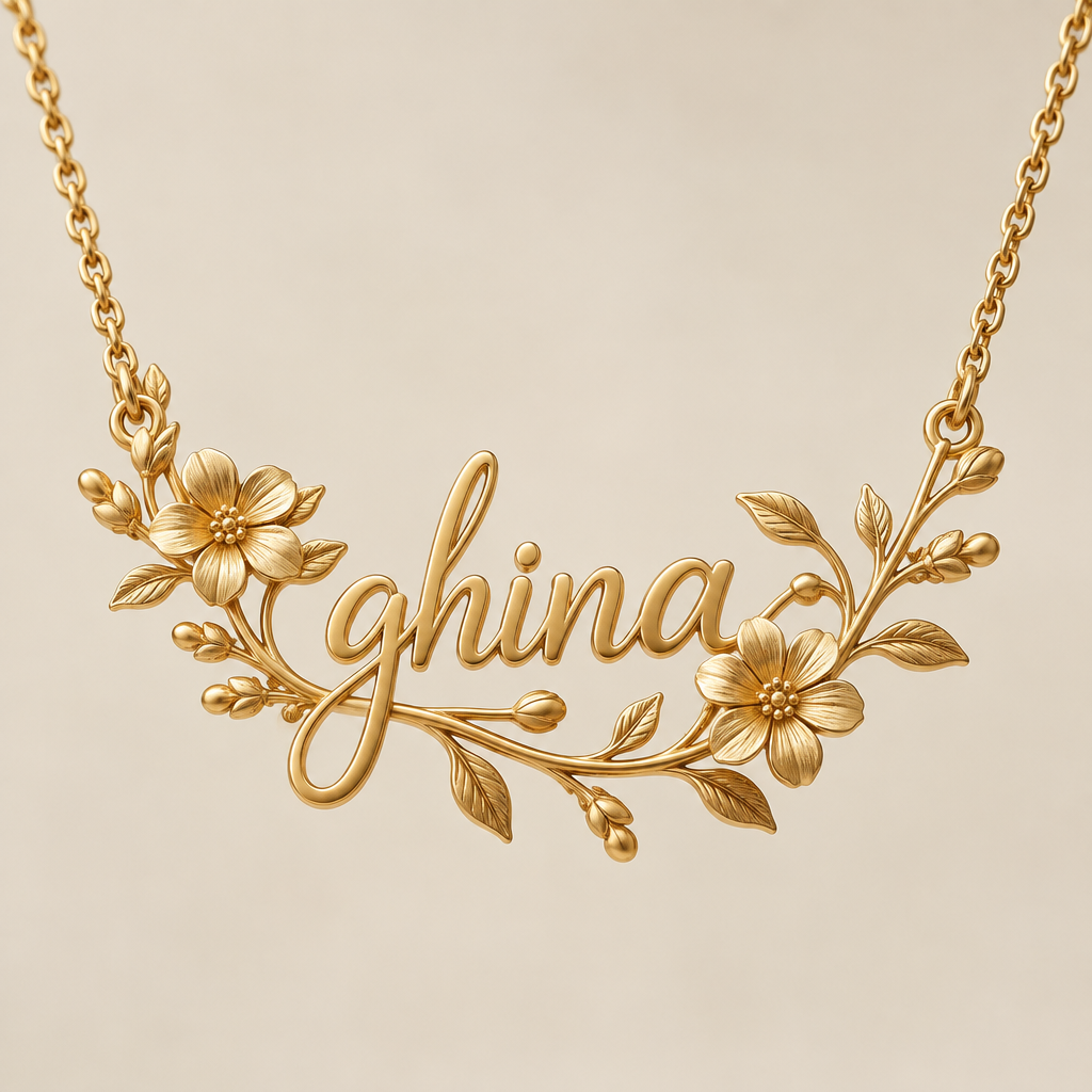 Gold name pendant “ghina” with flowers and branches . Without stones and diamonds
photorealistic jewelry design, Gold name pendant “ghina” with flowers and branches . Without stones and diamonds
, just the design no text