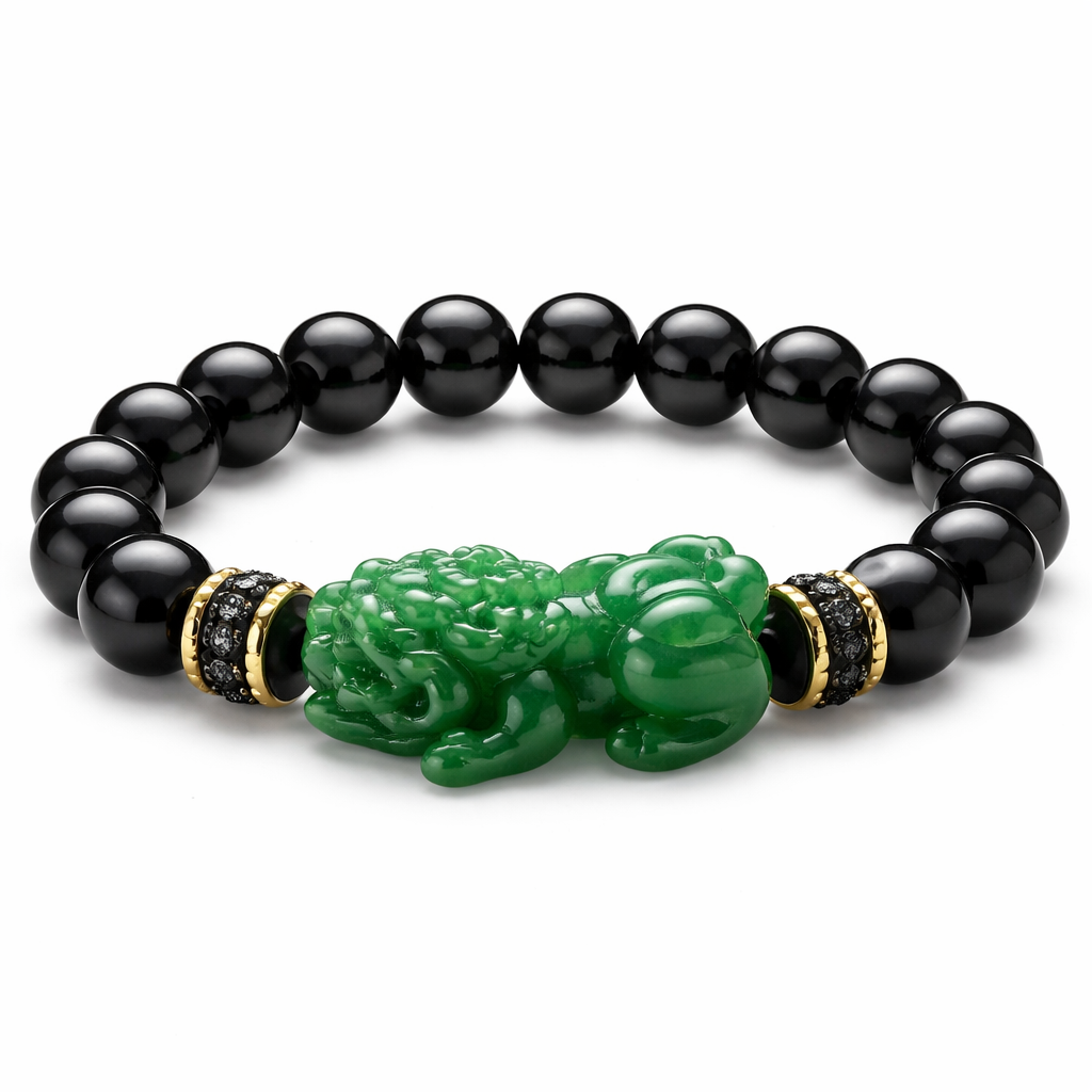 Green jade pixiu with black onyx stretchy bracelet