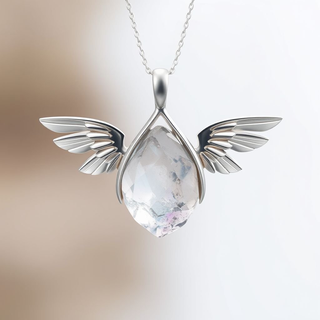 Create a pendant, use silver minimal, use raw natural gem stone and at top side of gem at the back there shall be one wing showing right hand side of the stone and one left hand side. Wings shall be with minimul silver used.
