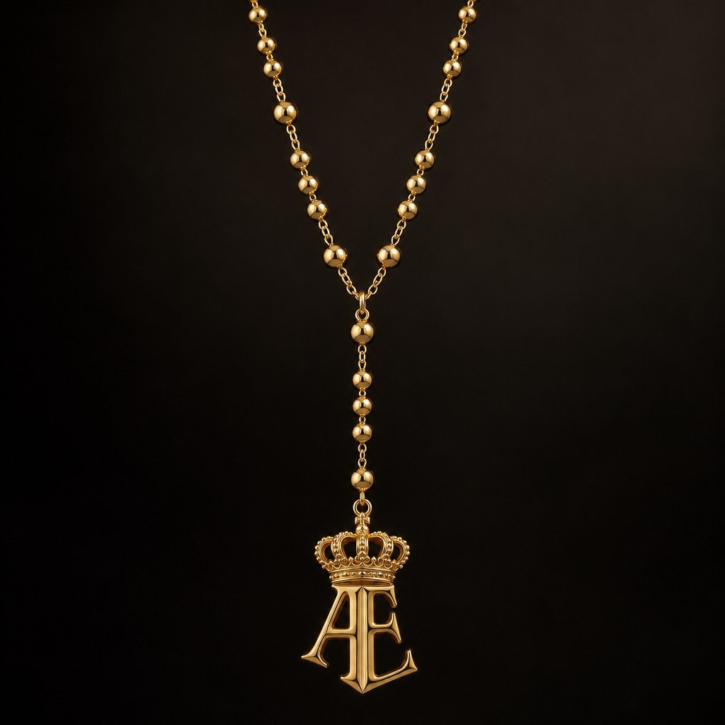 A modern men's necklace made of gold. I want a rosary-style necklace—but instead of a cross at the bottom, I want a medallion featuring the initials "EA" joined together, topped with a 3D royal crown. The piece should be made of gold and be long. For the medallion, I want just the 3D letters with the 3D royal crown above them, hanging directly from the chain. Regarding the chain itself, I’d like a rosary pattern: alternate sections with a few beads, then a section with just one bead, then a section with multiple beads again—I hope you understand what I mean. Join the letters "AE" together so they look like twins sharing a back.
photorealistic jewelry design, A modern men's necklace made of gold. I want a rosary-style necklace—but instead of a cross at the bottom, I want a medallion featuring the initials "EA" joined together, topped with a 3D royal crown. The piece should be made of gold and be long. For the medallion, I want just the 3D letters with the 3D royal crown above them, hanging directly from the chain. Regarding the chain itself, I’d like a rosary pattern: alternate sections with a few beads, then a section with just one bead, then a section with multiple beads again—I hope you understand what I mean. Join the letters "AE" together so they look like twins sharing a back., modern style, just the design no text