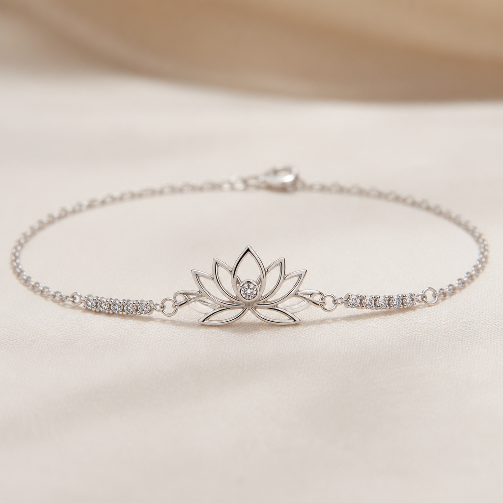 A minimalist women's bracelet made of silver with diamond stones. minimaliste avec un beau lotus avec quelque details delicat avec 1 diamant dans le milieu super féminin, je veux que l'attache avec la chaine soit la plus discret possible
photorealistic jewelry design, A minimalist women's bracelet made of silver with diamond stones. minimaliste avec un beau lotus avec quelque details delicat avec 1 diamant dans le milieu super féminin, je veux que l'attache avec la chaine soit la plus discret possible, minimalist style, just the design no text