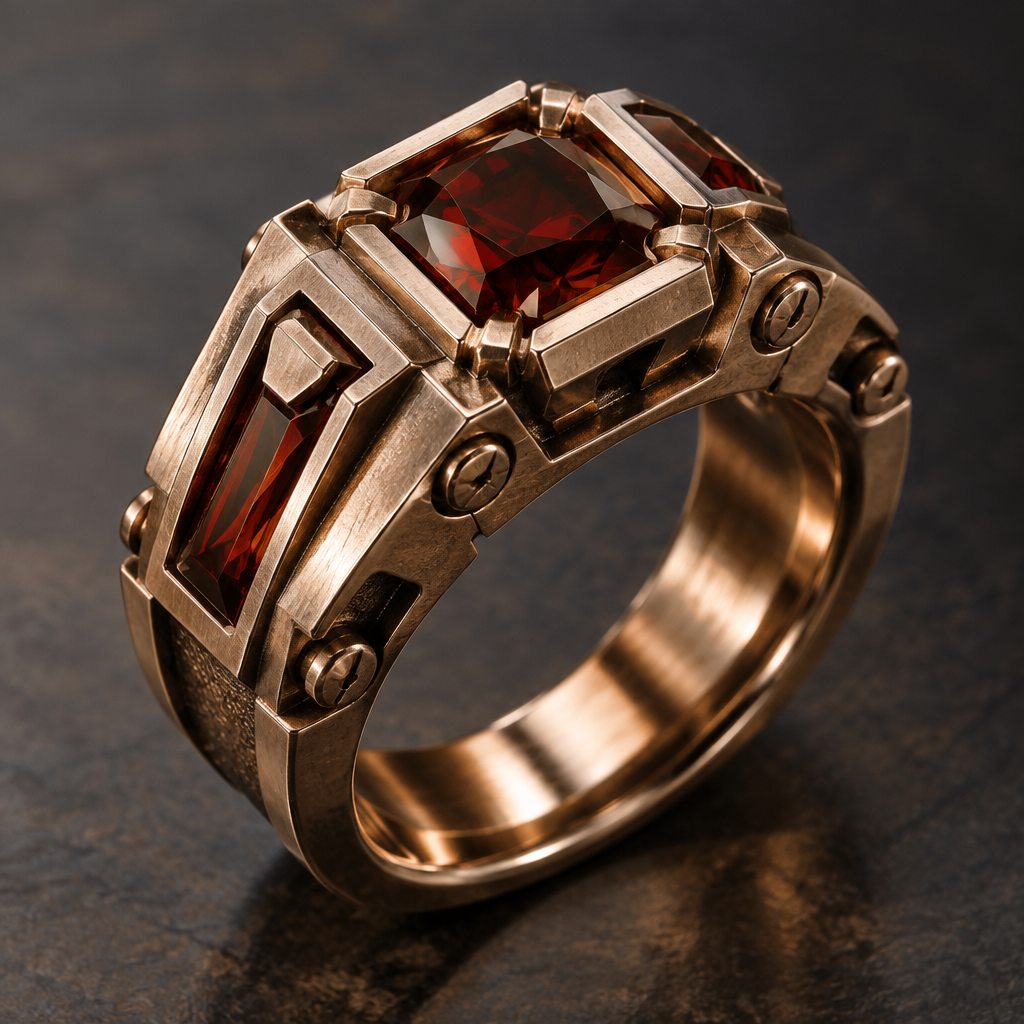 A industrial men's ring made of rose gold with garnet stones suitable for gift
photorealistic jewelry design, A industrial men's ring made of rose gold with garnet stones suitable for gift, industrial style, just the design no text