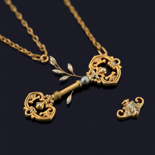 Old skeleton key shape gold and silver tones with olive branch turning on leg and keffieh print on the tip