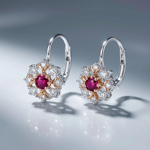 White gold and rose gold Earings Combination with small diamonds with solitaire and ruby