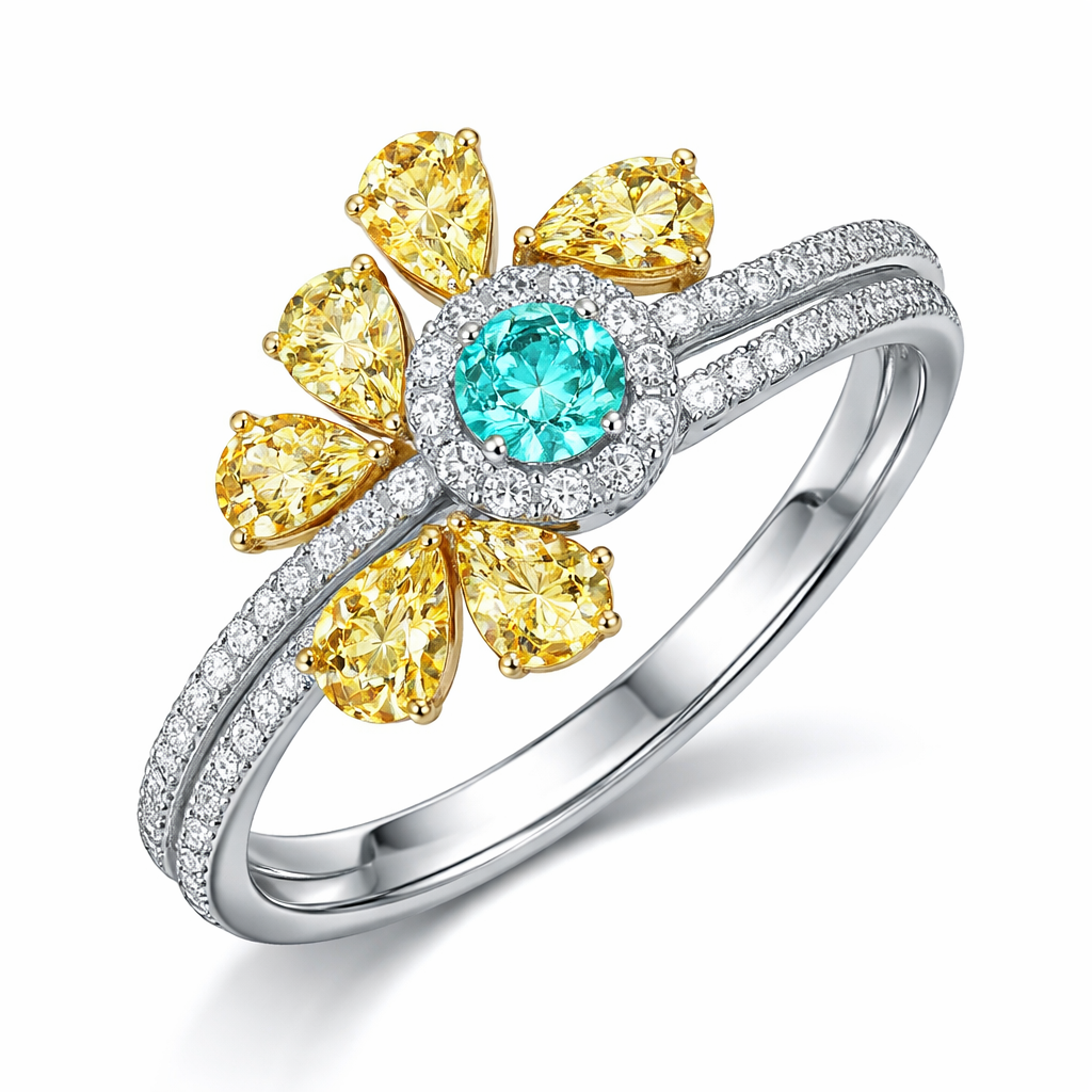 A women's ring. 7粒水滴小黃鑽和1粒40份圓形帕拉伊巴做線介