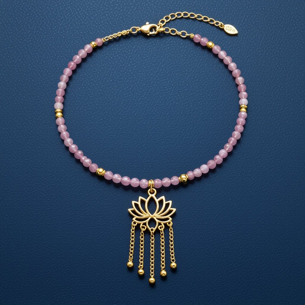 Цепочка из золота с золотыми мелкими шариками и мелкими из мелкого розового кварца посредине лотос от лотоса идут цепочки золотые вниз