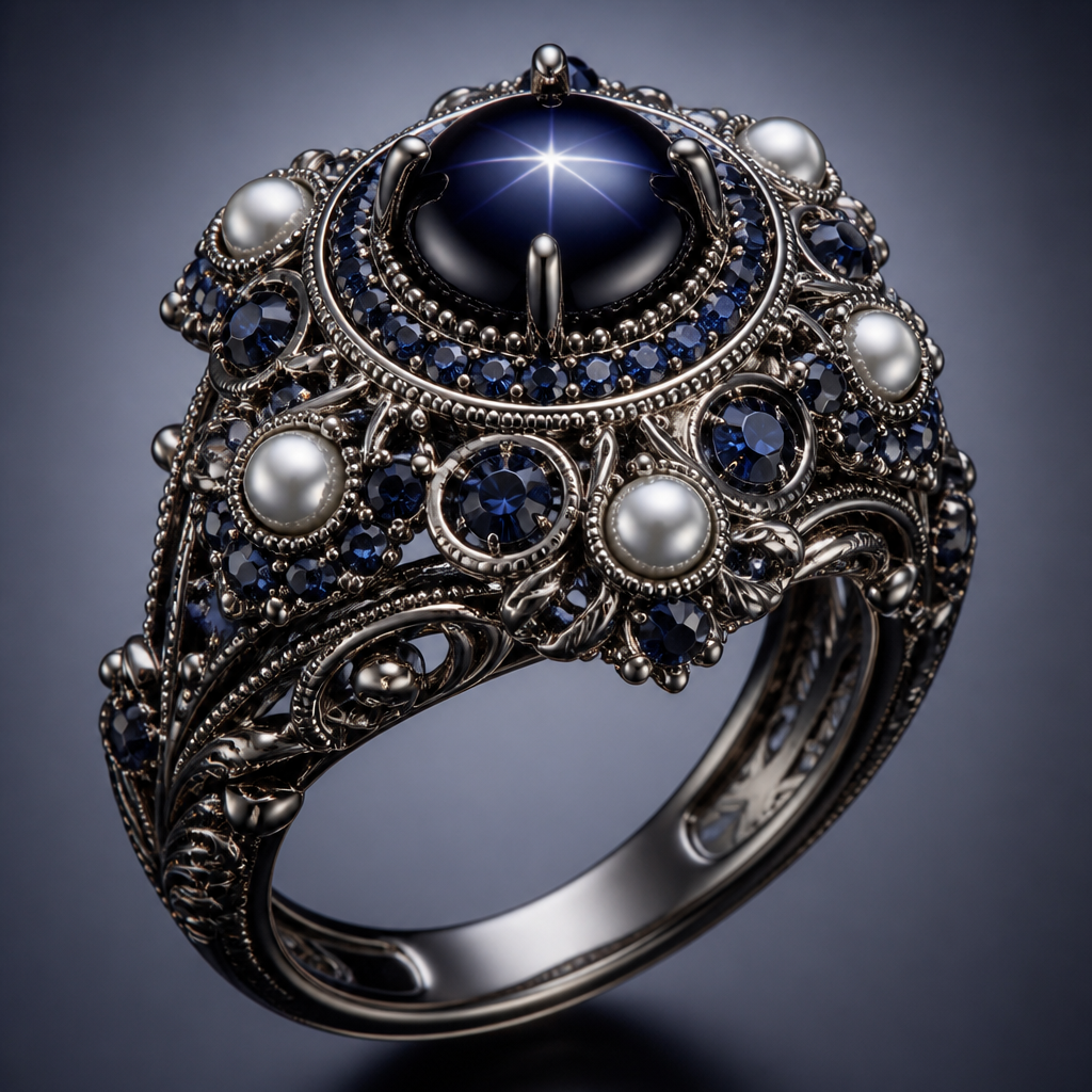 A women's ring with sapphire and pearl stones, highly ornate, intricate and elaborate, richly detailed. Un collier en saphire blackstar et opale noir style asiatiques à es des détails arabesque
photorealistic jewelry design, A women's ring with sapphire and pearl stones, highly ornate, intricate and elaborate, richly detailed. Un collier en saphire blackstar et opale noir style asiatiques à es des détails arabesque, modern style, just the design no text