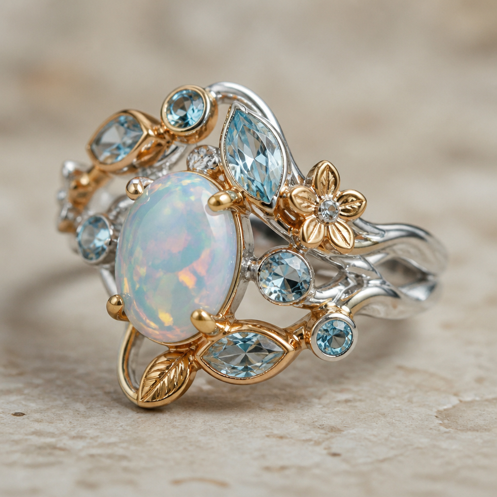 A nature women's ring made of mixed metal with opal and topaz and aquamarine stones suitable for festival. A modern women ring with little ornaments of modern motifs.
photorealistic jewelry design, A nature women's ring made of mixed metal with opal and topaz and aquamarine stones suitable for festival. A modern women ring with little ornaments of modern motifs., nature_inspired style, just the design no text