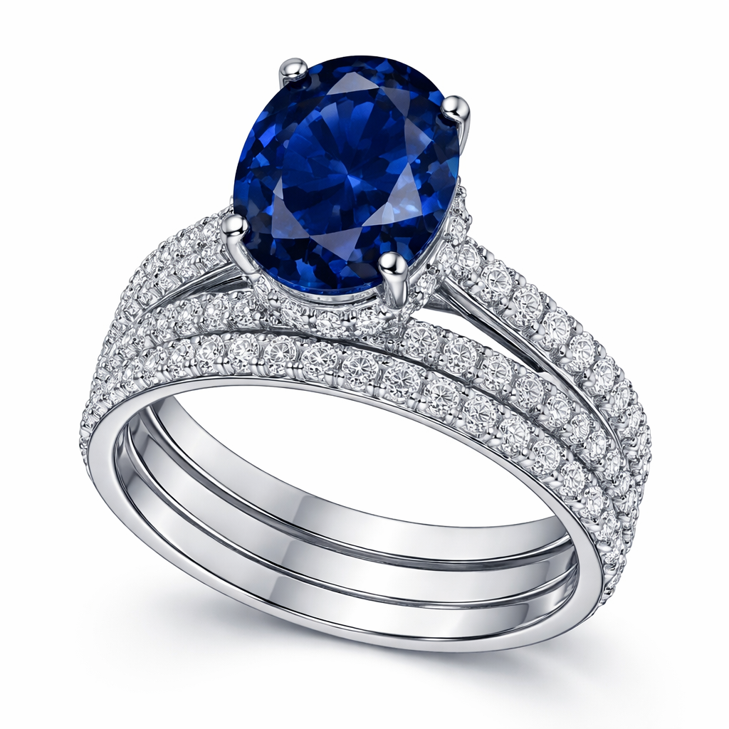 I want a 5-6ct deep blue oval lab sapphire in a high-profile cathedral setting, raised above three stacked pavé bands, with clean spacing so the bands sit flush underneath without touching the center stone.” And lab grown diamonds going down the bands the metal 10k white and a hidden halo with no rail