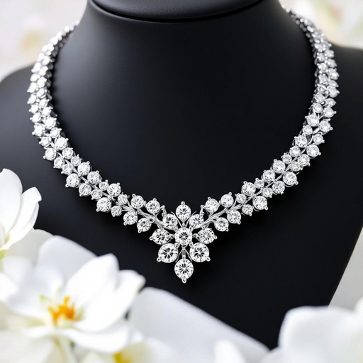 Geomatric big necklace of diamonds of abstract and moder shape and modern style for a show to see all the details of the necklace of edge and modern contemporary style