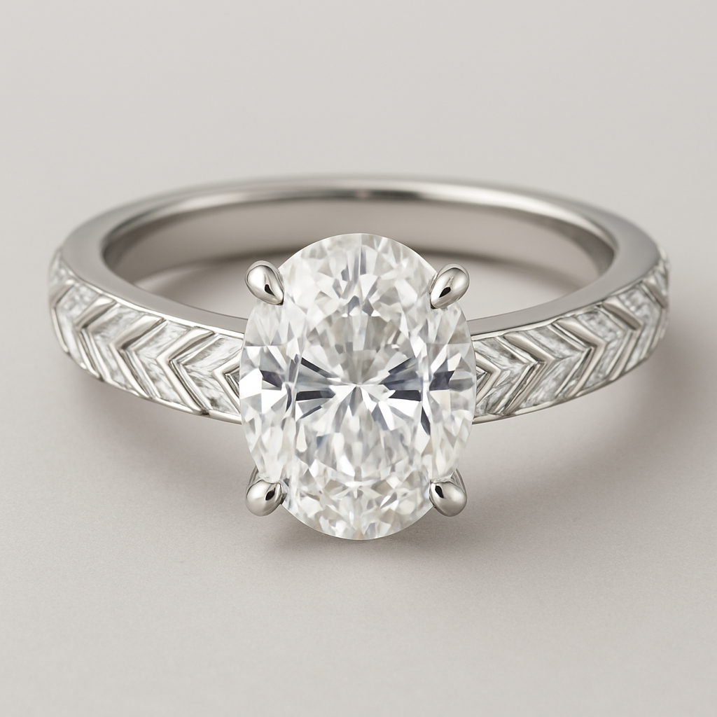 Herringbone baguette band with a 2ct oval center diamond 