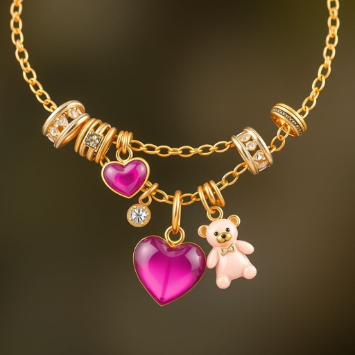 Golden chain with pink heart (ee2f80) and bear keychains