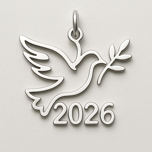 Silver cut-out charm blending together two spread out wings of a bird, an olive branch and  along year 2026