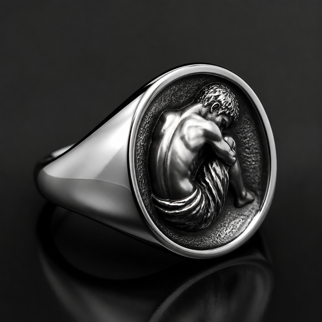 A men's ring. Un jeune homme pleurait sur le dos.
photorealistic jewelry design, A men's ring. Un jeune homme pleurait sur le dos., modern style, just the design no text