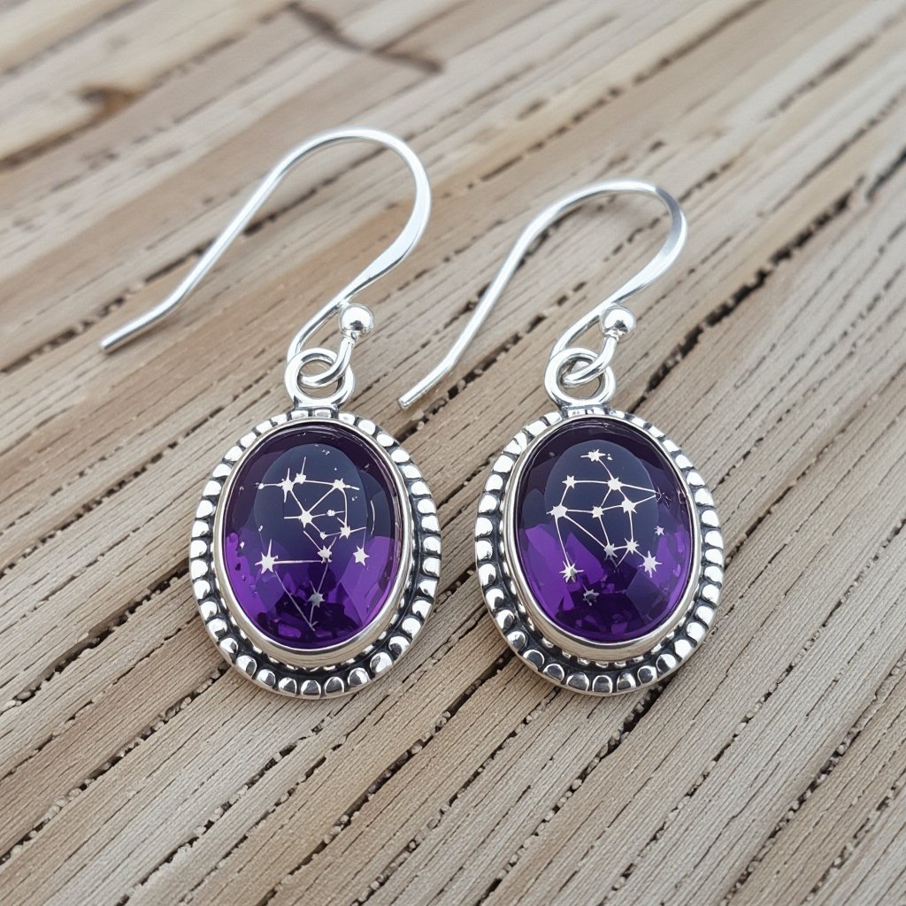Серьги. Символ созвездие. Маленькие фиолетовые камушки