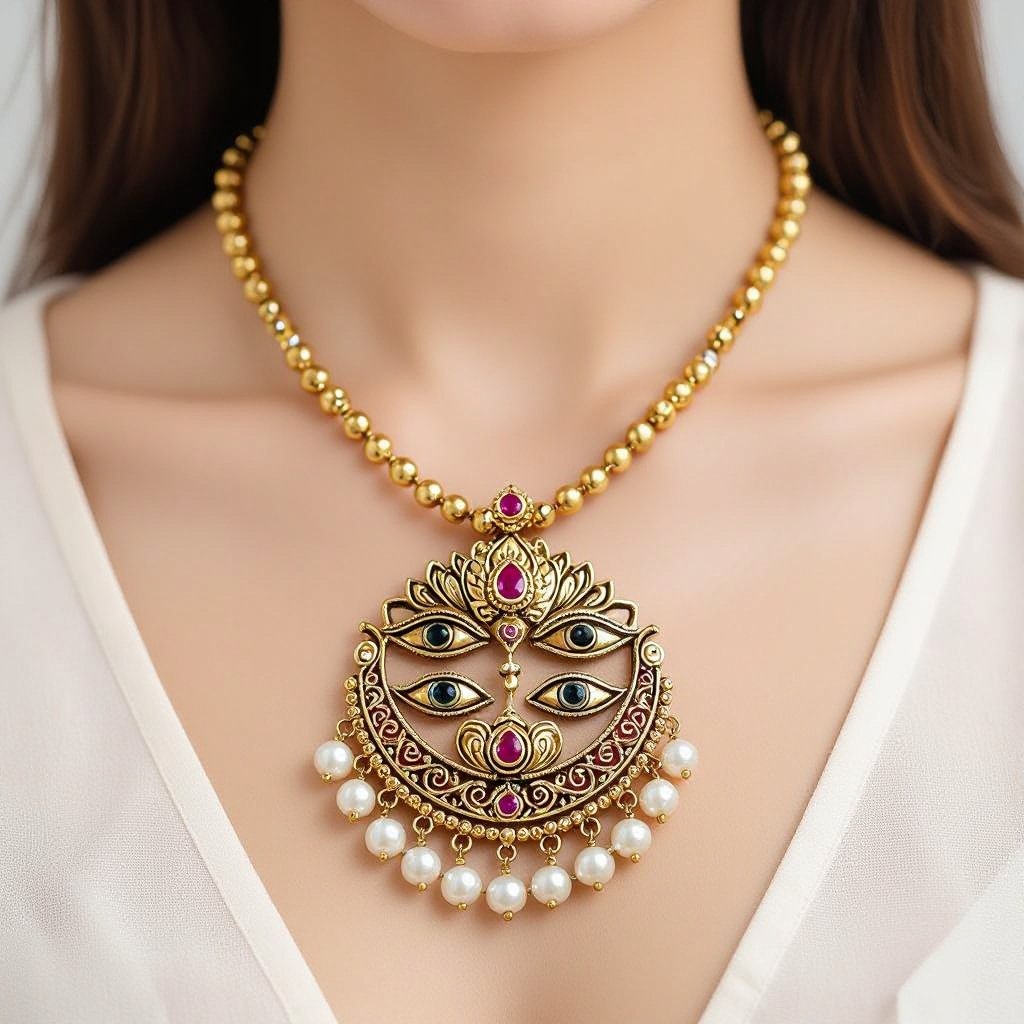 Кулон на длинной цепочке. Матовое светлое золото. В цепочке небольшие золотые шарики и жемчуг. Кулон в виде двух глаз над ними лотос с маленьким красным камнем внутри узоры завитушки 