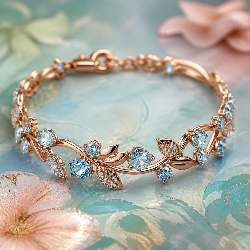 A romantic women's brooch made of rose gold with aquamarine stones suitable for anniversary. Conception de bijoux photoréalistes, un bracelet féminin romantique en or rose avec des pierres d'aigue-marine adaptées à l'anniversaire. imite les textures douces et les couleurs de la peinture, en utilisant des verts, des bleus et des notes de style rose, ultra réaliste., style romantique, juste le design sans texte
photorealistic jewelry design, A romantic women's brooch made of rose gold with aquamarine stones suitable for anniversary. Conception de bijoux photoréalistes, un bracelet féminin romantique en or rose avec des pierres d'aigue-marine adaptées à l'anniversaire. imite les textures douces et les couleurs de la peinture, en utilisant des verts, des bleus et des notes de style rose, ultra réaliste., style romantique, juste le design sans texte, romantic style, just the design no text
