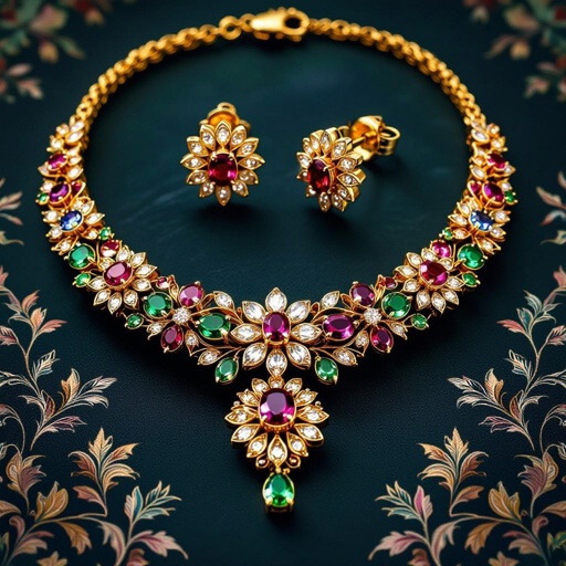 Necklace and ring and earring with luxury colorful jewel with gold