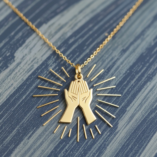Украшение на шею золотая цепочка с подвеской в виде двух ладоней сложенных в молитве и от них исходит свет в стороны