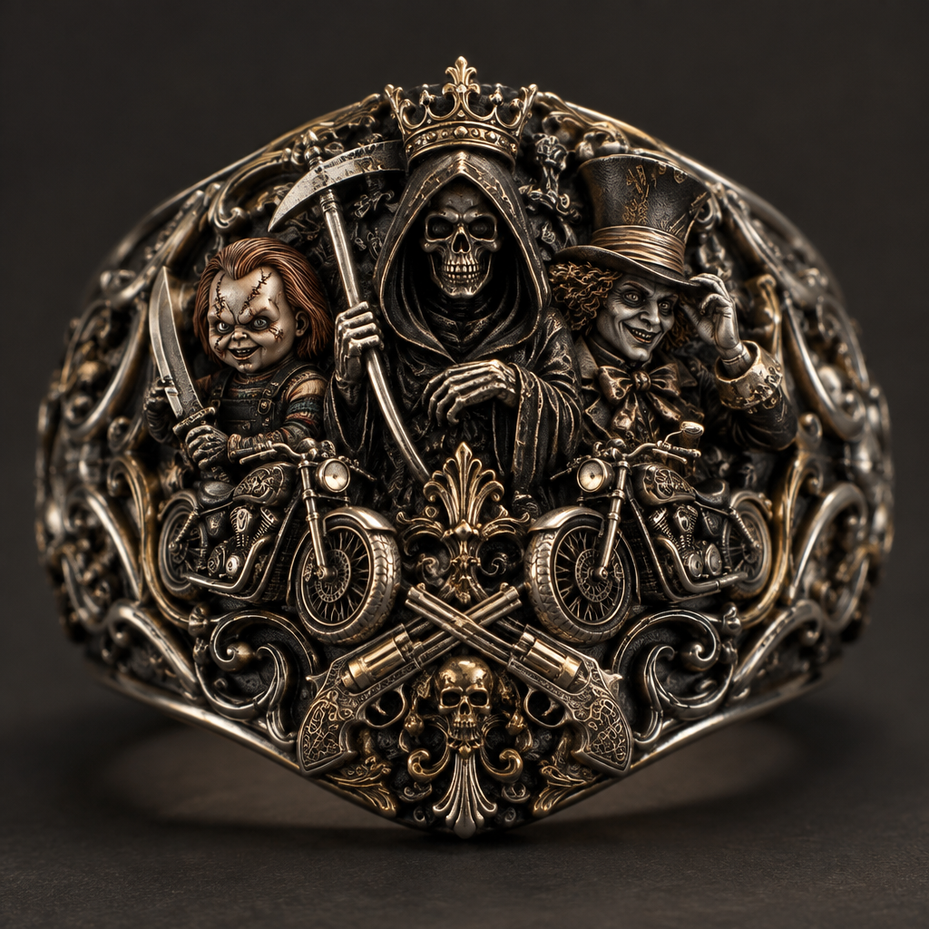 A medieval women's ring suitable for formal. a reaper with a crown with Chucky and the madhatter standing next to him and 2 motorcycles in front and 2 pistols crossing
photorealistic jewelry design, A medieval women's ring suitable for formal. a reaper with a crown with Chucky and the madhatter standing next to him and 2 motorcycles in front and 2 pistols crossing, medieval style, just the design no text