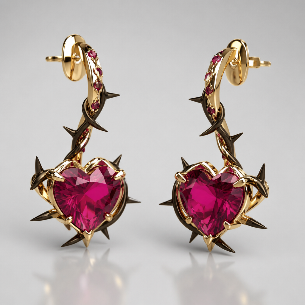 A modern women's earrings made of gold with ruby stones suitable for engagement. gold earrings with ruby heart and black thorns holding it around and peaking slightly