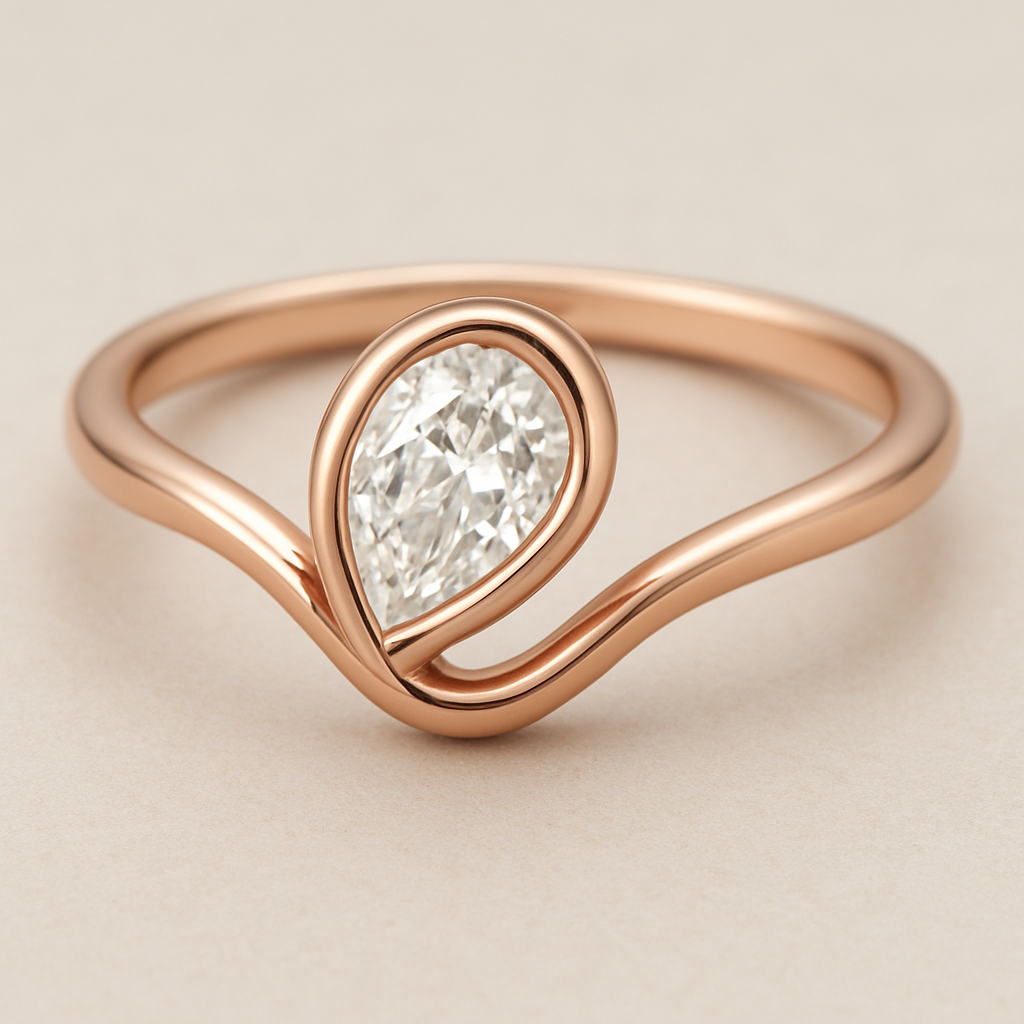 A delicate rose gold pinky ring featuring a 0.50-carat pear-shaped diamond set in a smooth bezel setting. The diamond is gently tilted to the left, creating a soft paisley-inspired curve that radiates feminine Yin energy — graceful, flowing, intuitive, and serene. The polished rose gold band enhances the gentle movement and balance of the design, symbolizing elegance, emotional depth, and the beauty of lunar energy.  