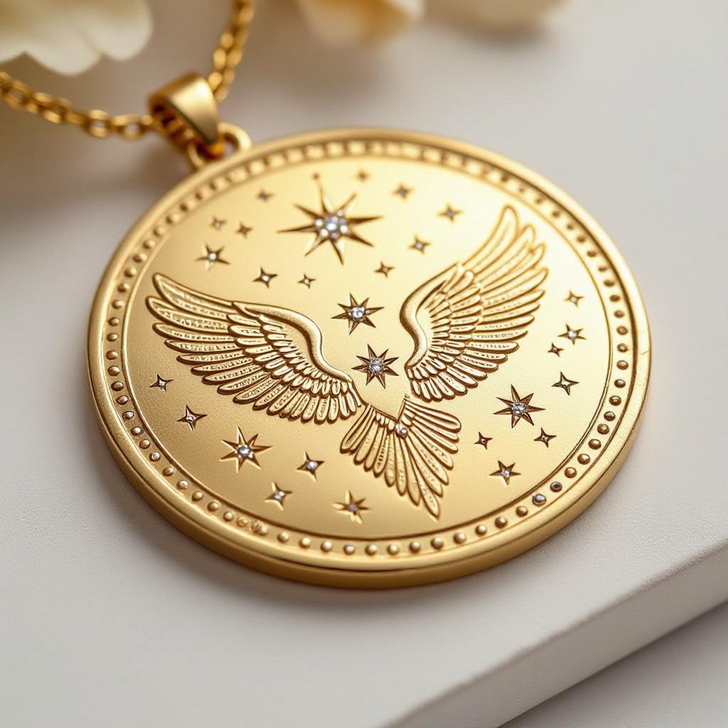 Золотой матовый медальон в форме неровного круга с неровными краями. По краям выпуклые точки сплошной линией. На круге выгравирован ангел без фигуры, видно только крылья и вокруг здездочки и разные узоры и украшен миниатюрными камнями