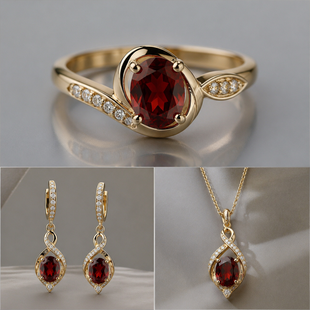 A modern women's ring made of gold with diamond and garnet stones suitable for formal. classic, elegant, luxious ring,.earings and necklace with modernzied design, use my reference gems
photorealistic jewelry design, A modern women's ring made of gold with diamond and garnet stones suitable for formal. classic, elegant, luxious ring,.earings and necklace with modernzied design, use my reference gems, modern style, just the design no text