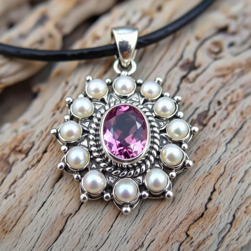 A Merkabah symbol with pink quartz and pearls