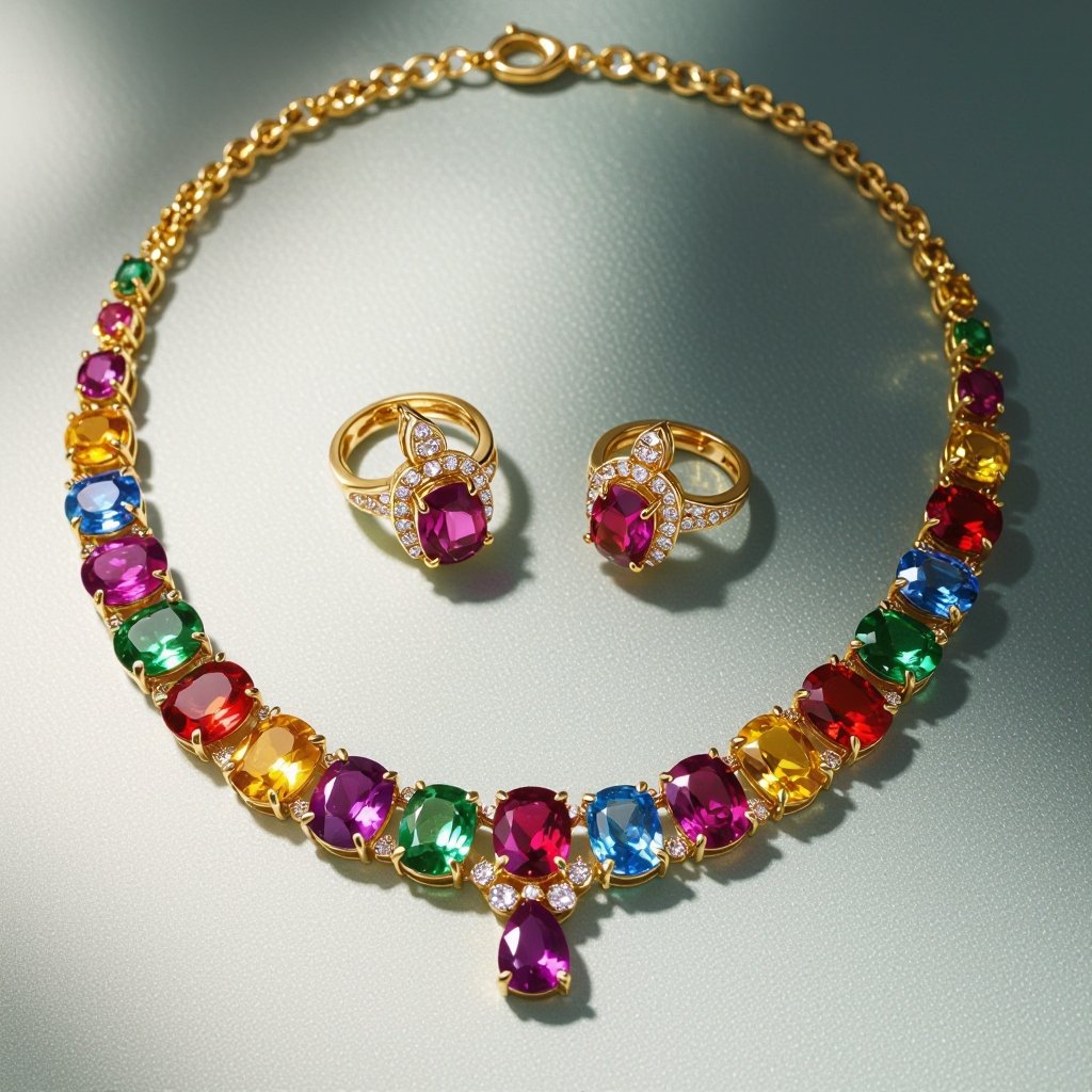 Necklace and ring and earring with luxury colorful jewel with gold