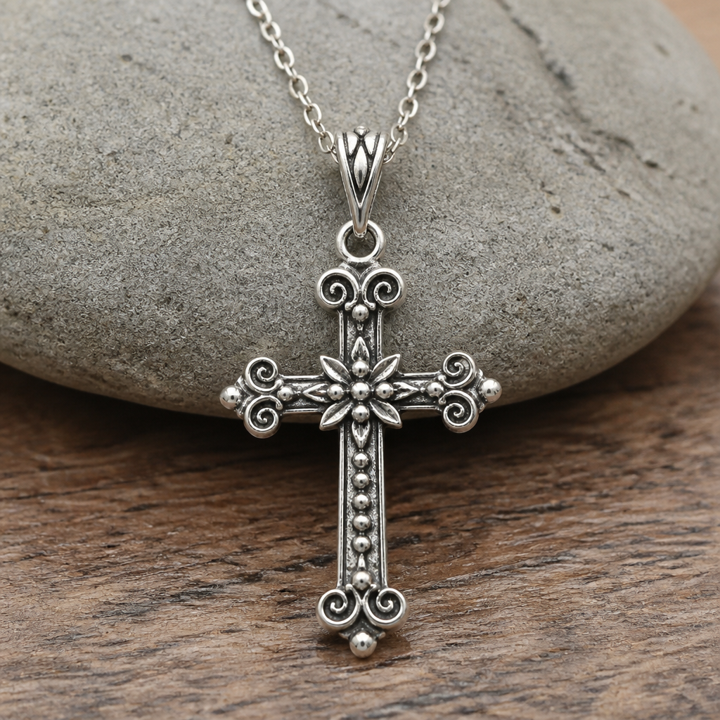 A bohemian women's pendant made of silver suitable for daily wear. An extraordinary excellent beautiful delicate and elegant, super modern Cross.
photorealistic jewelry design, A bohemian women's pendant made of silver suitable for daily wear. An extraordinary excellent beautiful delicate and elegant, super modern Cross., bohemian style, just the design no text