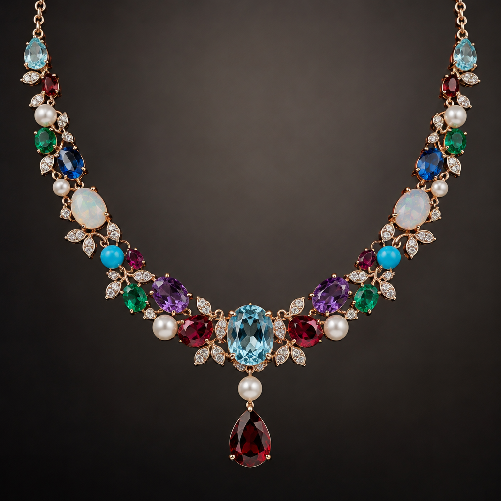 A women's necklace with opal and topaz and pearl and emerald and ruby and diamond and sapphire and amethyst and garnet and turquoise and aquamarine stones suitable for gift
photorealistic jewelry design, A women's necklace with opal and topaz and pearl and emerald and ruby and diamond and sapphire and amethyst and garnet and turquoise and aquamarine stones suitable for gift, modern style, just the design no text