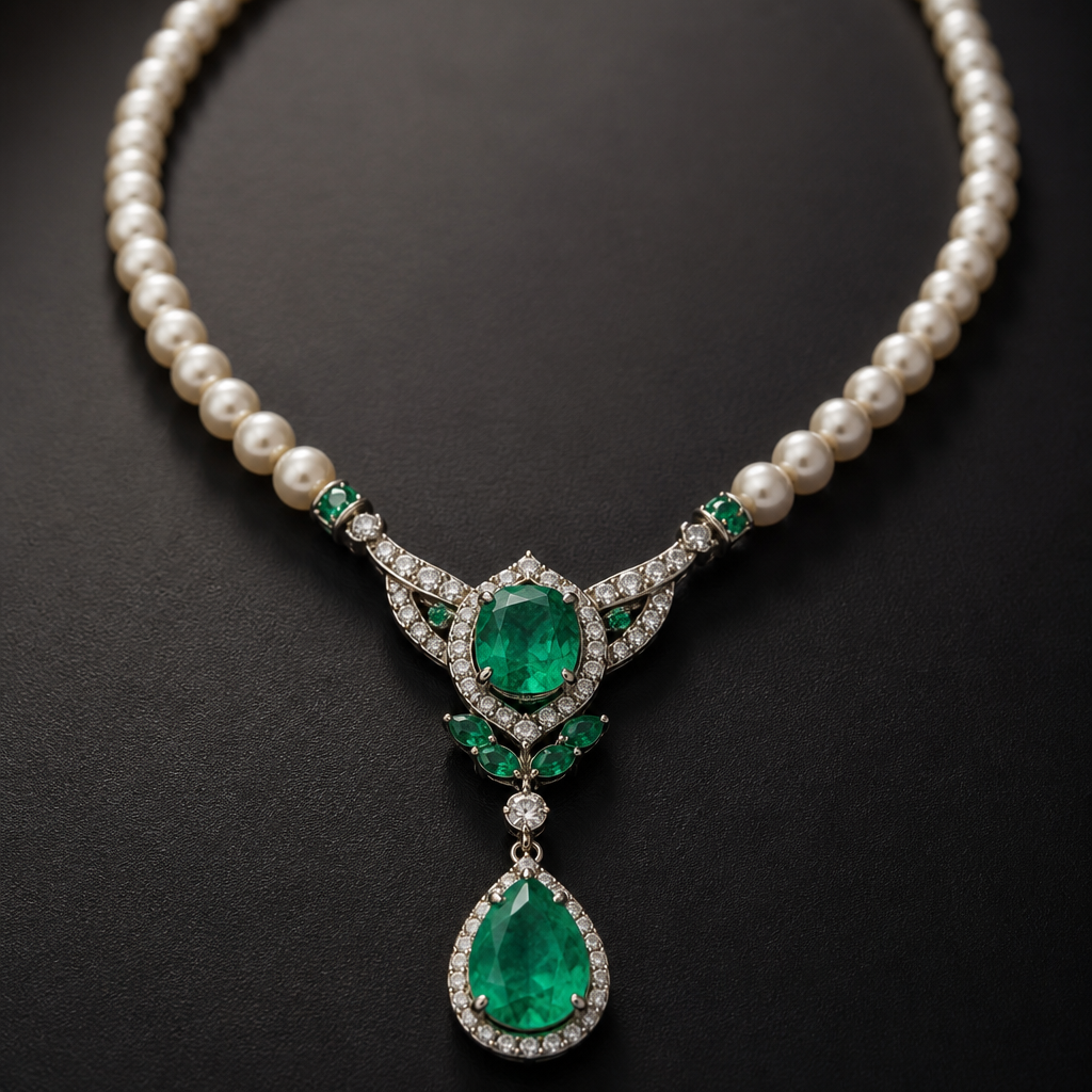 A luxury women's necklace made of titanium with emerald stones. um colar com pedra de esmeraldas com a corrente de pérolas
photorealistic jewelry design, A luxury women's necklace made of titanium with emerald stones. um colar com pedra de esmeraldas com a corrente de pérolas, luxury style, just the design no text