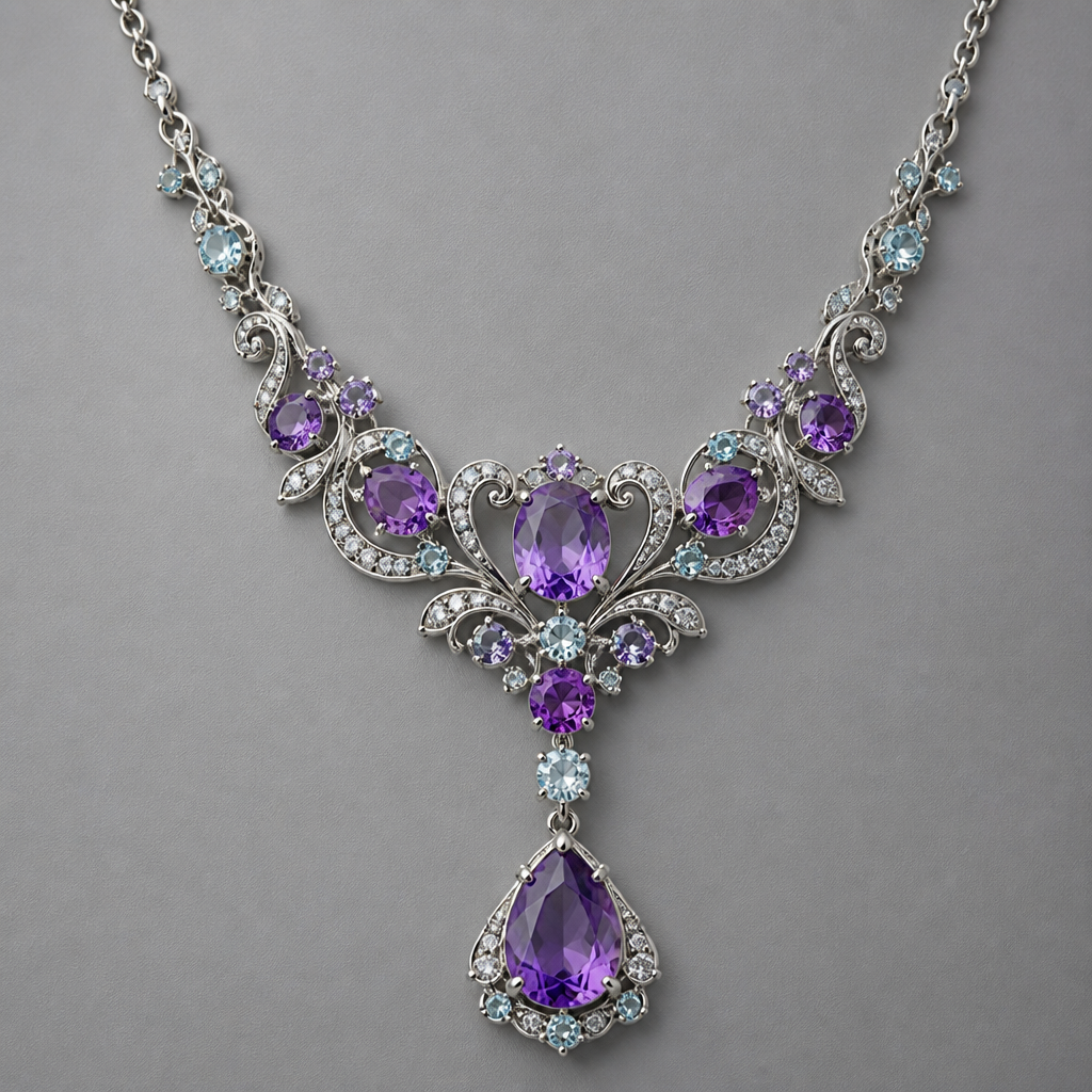 A bohemian women's necklace made of white gold with amethyst and aquamarine and diamond stones suitable for anniversary