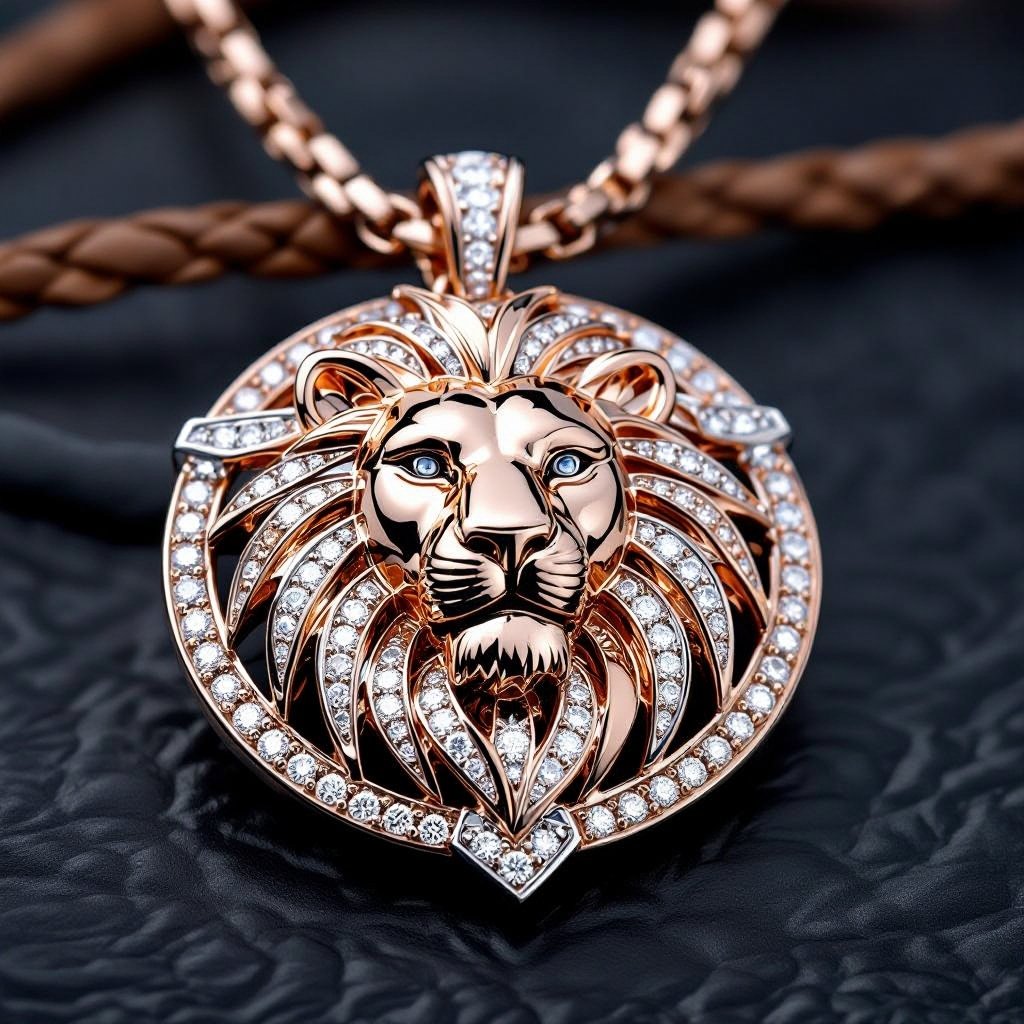 Geomatric leather of rose abd ehite gold lion pendant set of the collection of voulume and structure shapes Rose and white gold lion pendant, featuring geometric leather details in a bezel setting.
