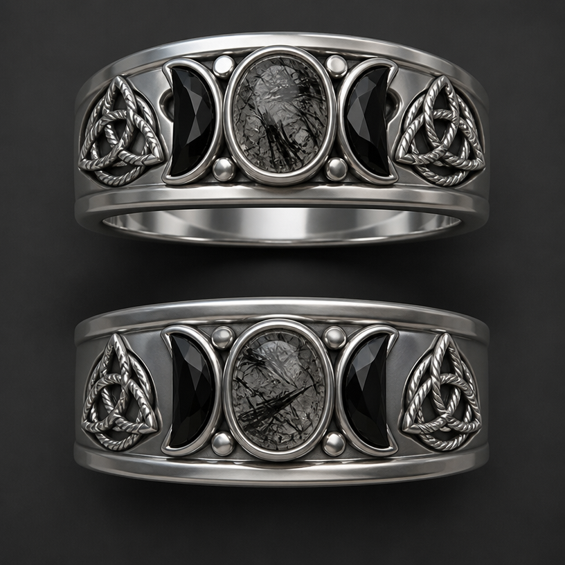 A men's ring. Size 12.5 argentium silver band 9 mm wide using an 8x6 mm Black tourmalinated quartz Center Stone
6.5 to 7mm tall crescent shaped black spinel stone to either side of the center stone
The Raven on the left is Wings up legs extended for landing or take off the Raven on the right has wings closed just standing I want to alter the existing triquetra symbols to a different version that
I have attached an image of that specific symbol A metallic silver Triquetra intertwined with a smooth circle, presented as a 3D emblem against a solid dark gray background. The Trinity knot structure must be made of highly detailed, tightly twisted rope strands. The overlapping circle interwoven through the knot is perfectly smooth with a polished satin finish. Soft, realistic drop shadows underneath the entire emblem to give it depth and a slight 3D pop. Clean, symmetrical, centered studio shot composition.2.5 mm × 2.5 mm symmetrical rope-textured Triquetra symbols placed on a 9 mm wide band size 12.5 with a 8x6mm cabochon tourmalinated black quartz stone in the center and a crescent shaped (approximately 6.5 mm tall black spinel stone on either side of the center stone
using the attached image as a visual reference, create A men's ring. Size 12.5 argentium silver band 9 mm wide using an 8x6 mm Black tourmalinated quartz Center Stone
6.5 to 7mm tall crescent shaped black spinel stone to either side of the center stone
The Raven on the left is Wings up legs extended for landing or take off the Raven on the right has wings closed just standing I want to alter the existing triquetra symbols to a different version that
I have attached an image of that specific symbol A metallic silver Triquetra intertwined with a smooth circle, presented as a 3D emblem against a solid dark gray background. The Trinity knot structure must be made of highly detailed, tightly twisted rope strands. The overlapping circle interwoven through the knot is perfectly smooth with a polished satin finish. Soft, realistic drop shadows underneath the entire emblem to give it depth and a slight 3D pop. Clean, symmetrical, centered studio shot composition.2.5 mm × 2.5 mm symmetrical rope-textured Triquetra symbols placed on a 9 mm wide band size 12.5 with a 8x6mm cabochon tourmalinated black quartz stone in the center and a crescent shaped (approximately 6.5 mm tall black spinel stone on either side of the center stone. photorealistic, just the design no text