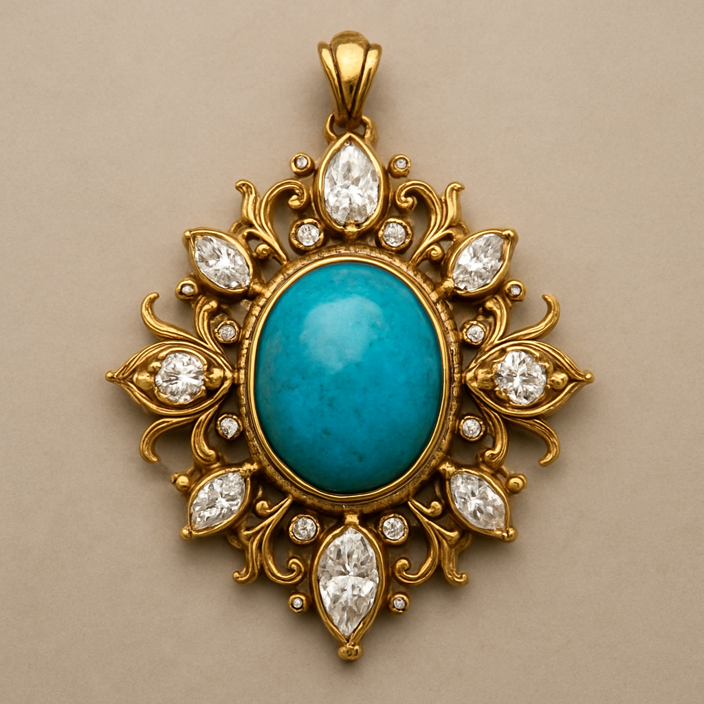 pendant , main stone oval turquise. using pear round and marquise diamond